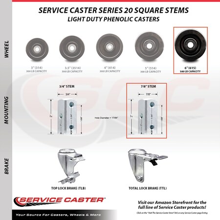 Service Caster 6 Inch Phenolic Wheel Swivel 7/8 Inch Square Stem Caster Total Lock Brakes, 2PK SCC-SQTTL20S615-PHS-78-2-S-2